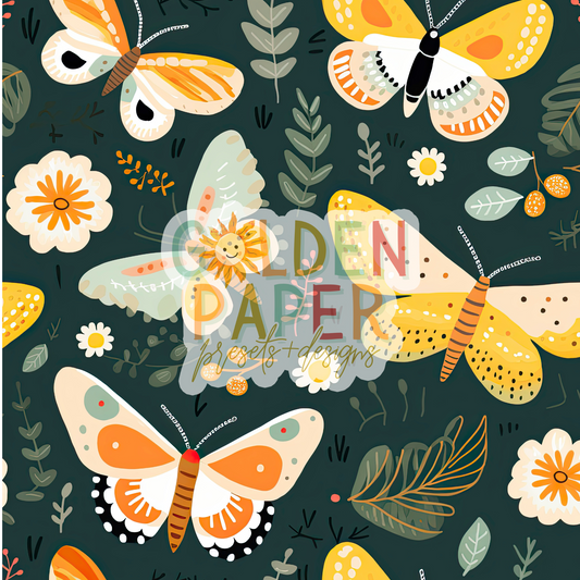 Butterly | 3D | Flower | Yellow | Orange | Green | Seamless Pattern