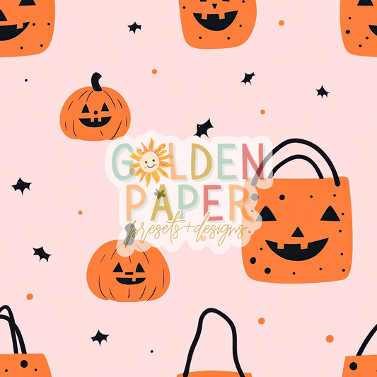 Halloween | Pink | Pumpkin | Bag | Trick or Treat | Seamless Pattern