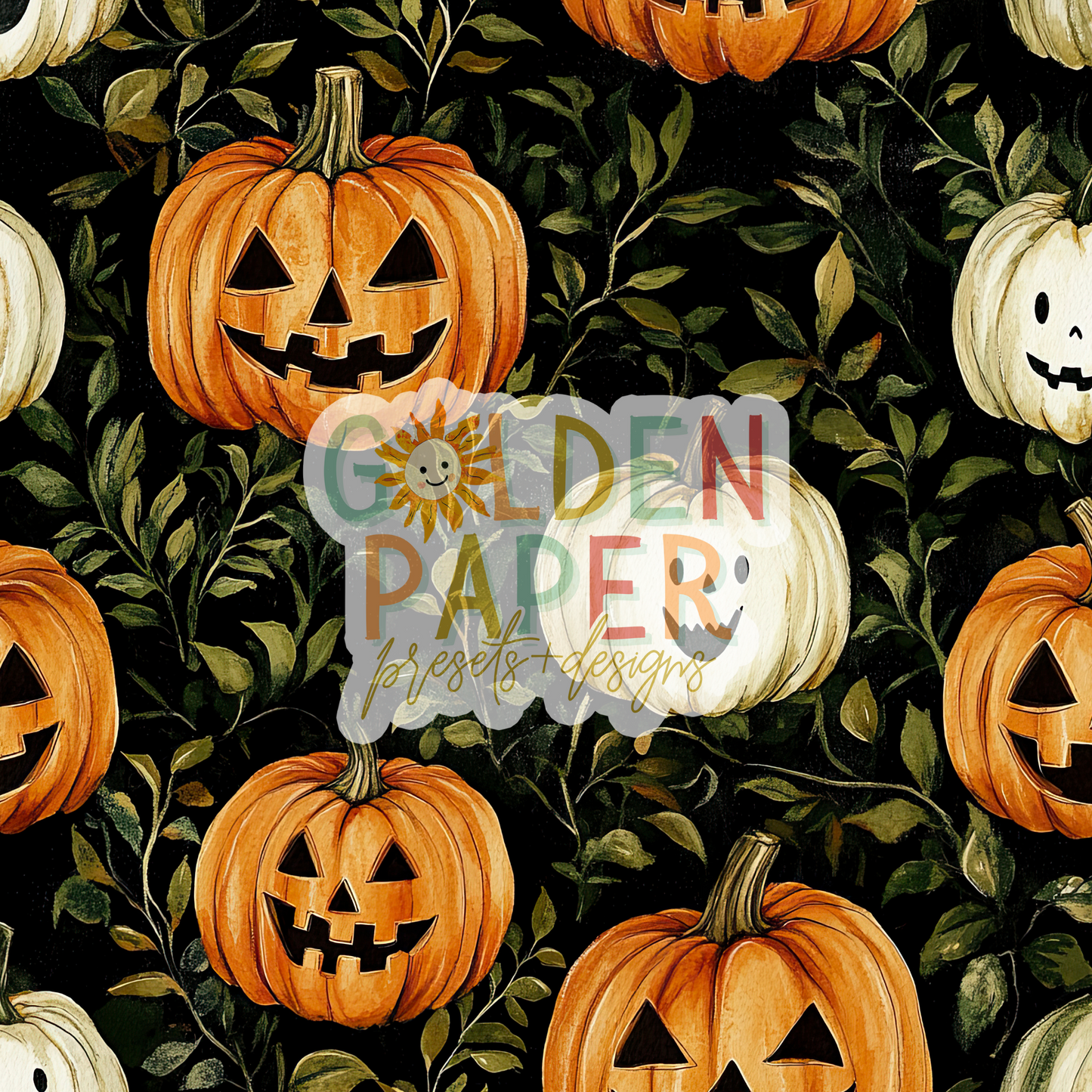 Pumpkin | Halloween | Orange | White | Vine | Seamless Pattern