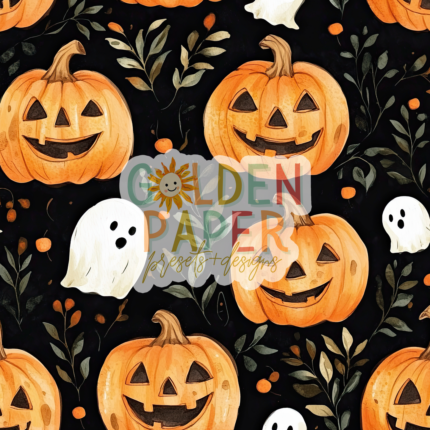 Halloween | Pumpkin | Ghost | Vine | Black | Seamless Pattern