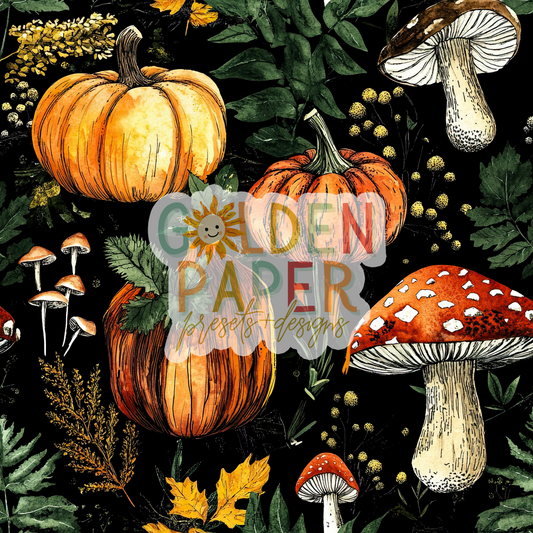 Pumpkin | Halloween | Mushroom | Black | Seamless Pattern