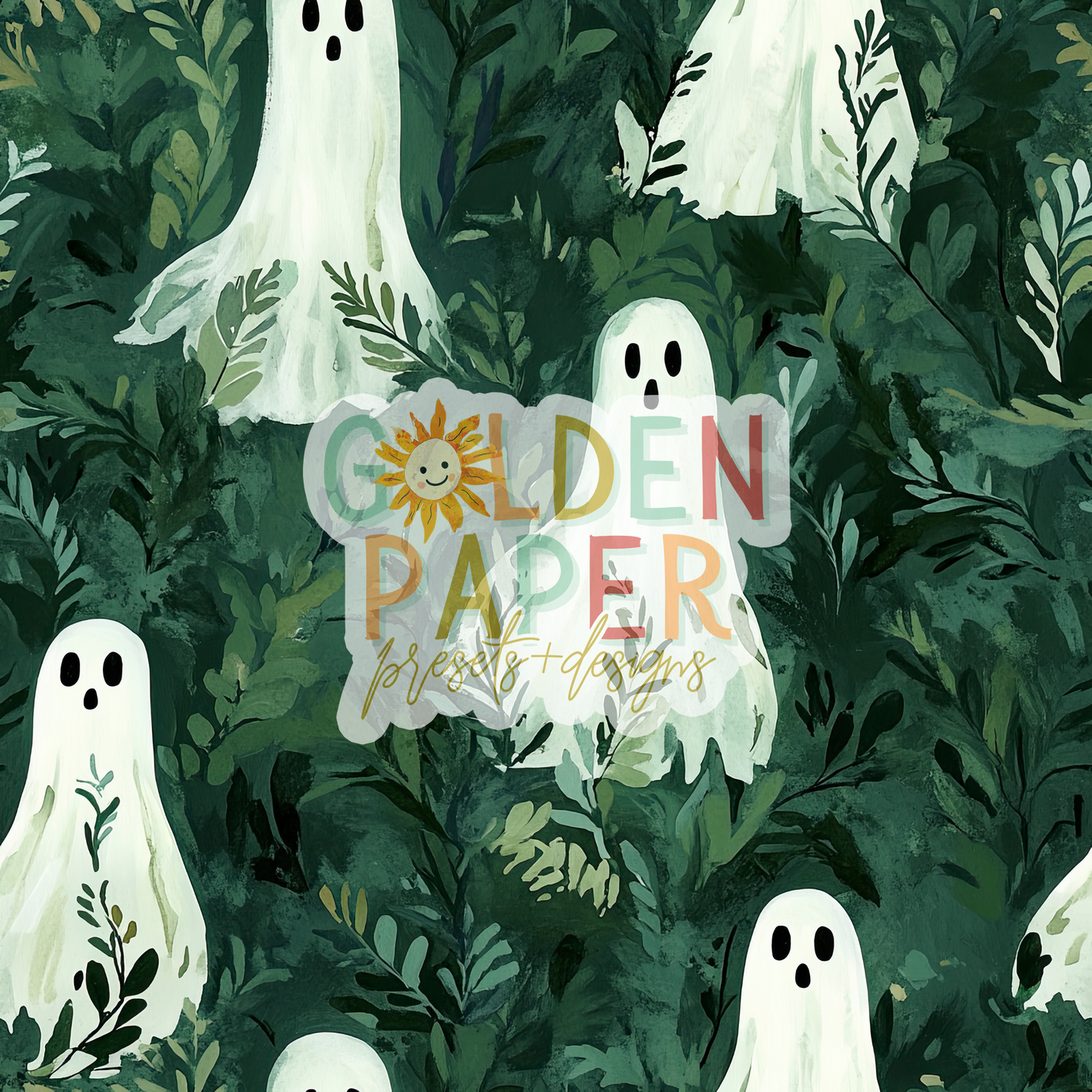 Ghost | BOO | Spooky | Green | Leaves | Seamless Pattern