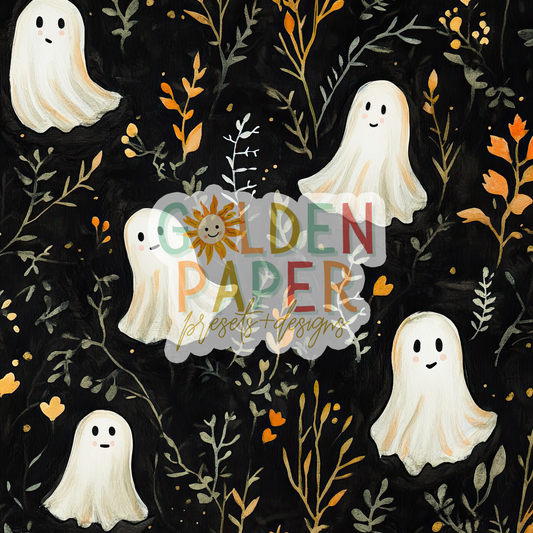 Ghost | Halloween | Smile | Black | Green | Vine | Flower | Seamless Pattern