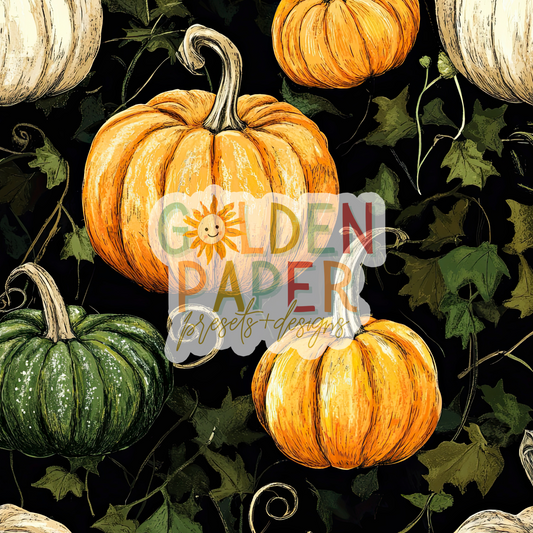 Pumpkin | Green | Vine | Orange | While | Leaves | Seamless Pattern