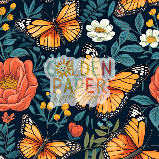 Butterfly | Flower | 3D | Navy Blue | Seamless Pattern