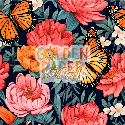 Butterfly | 3D | Floral | Bright | Pink | Coral | Orange | Seamless Pattern