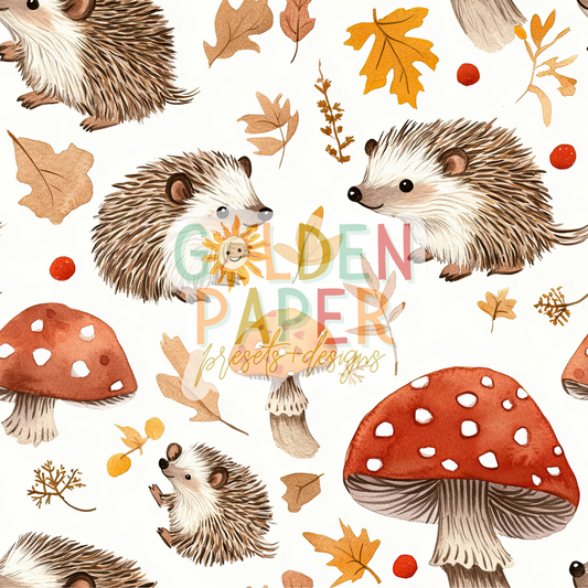 Hedgehog | Fall | Leaves| Mushroom | White | Seamless Pattern