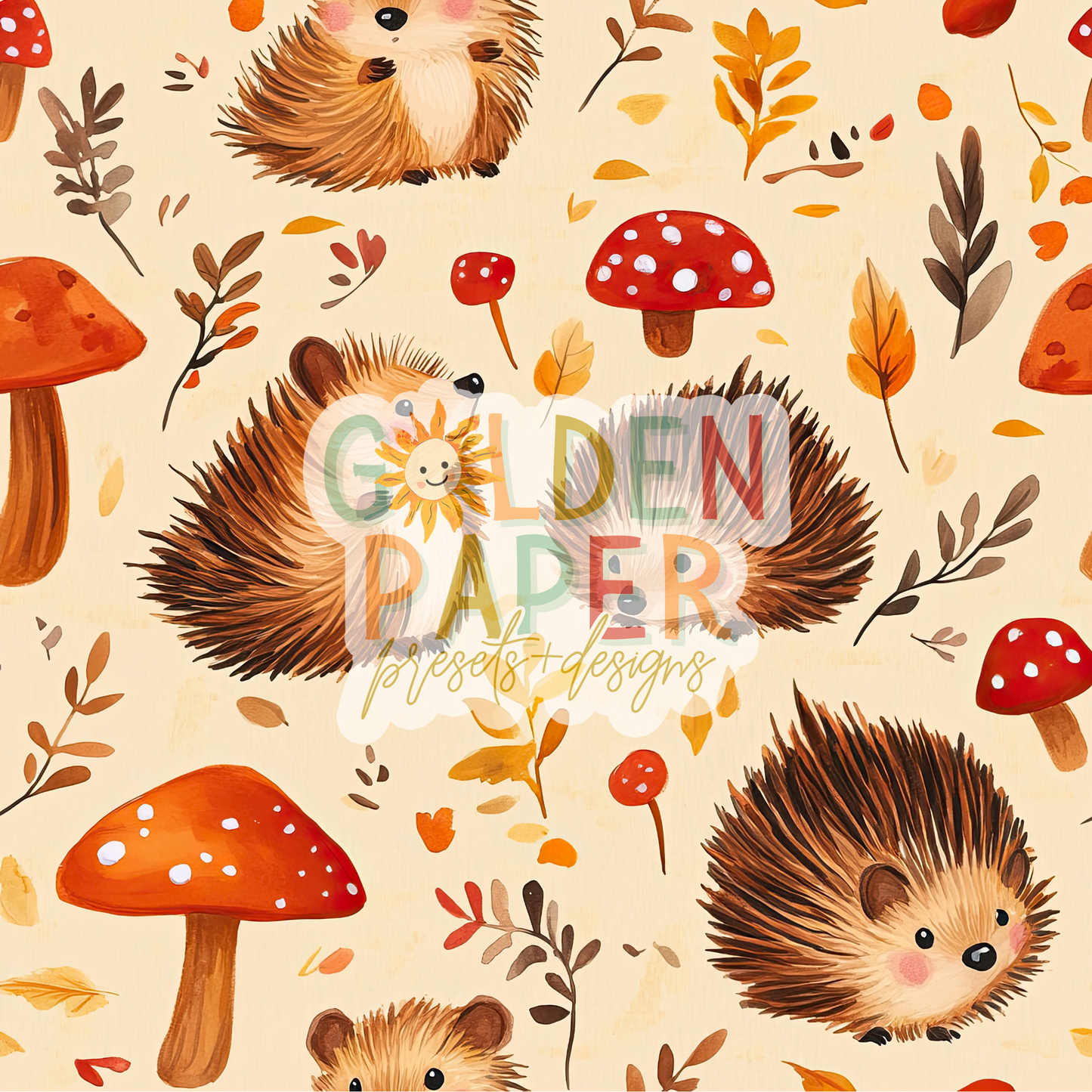 Hedgehog | Cream | Mushroom| Leaves | Seamless Pattern