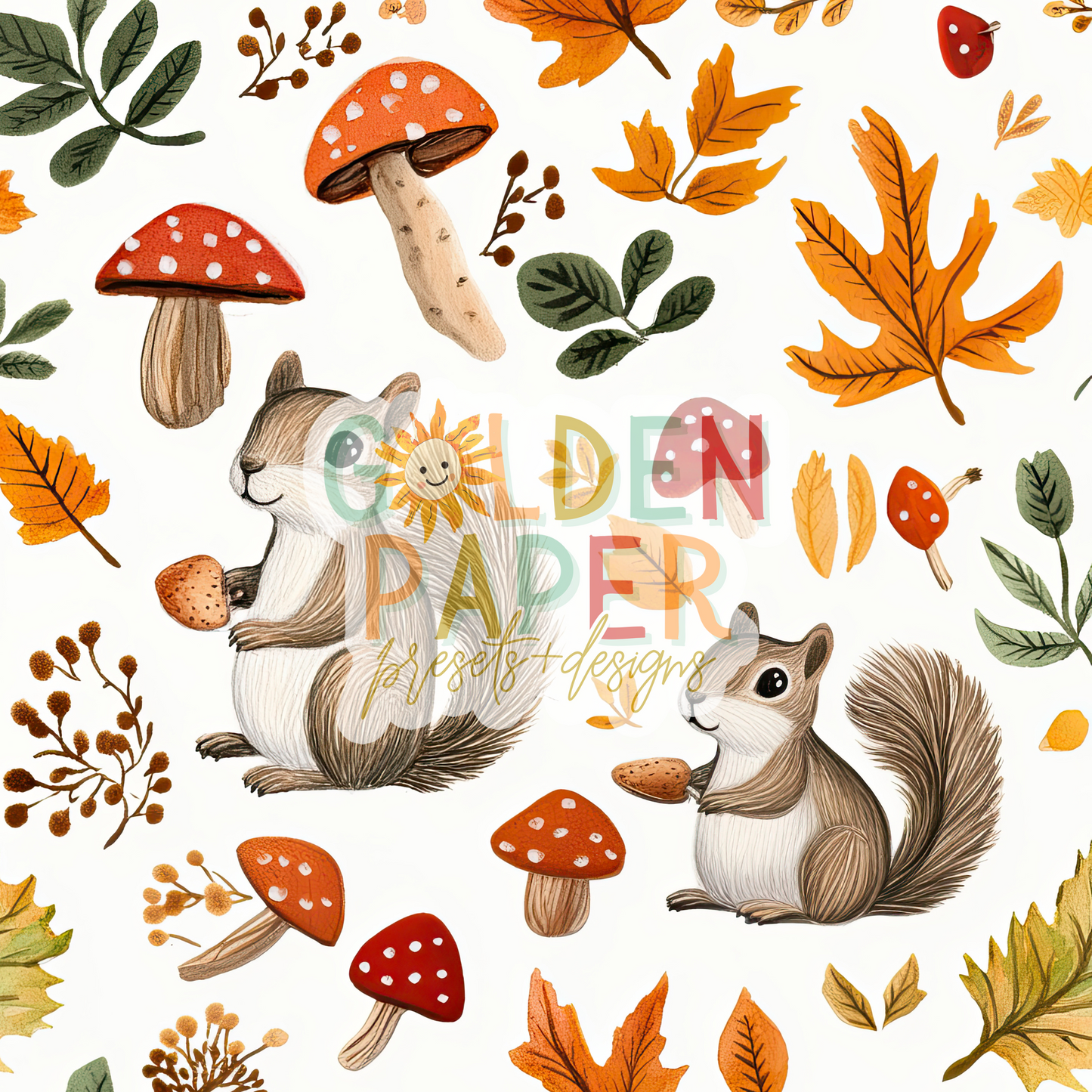 Squirrel | Mushroom | Fall | Leaves | White | Seamless Pattern