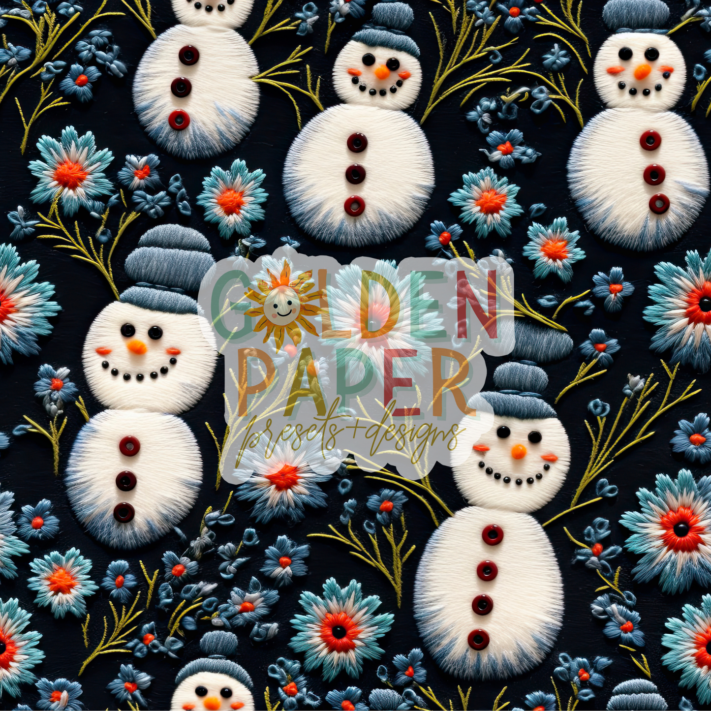 Snowman | Blue | Flower | Embroidery | Seamless Pattern