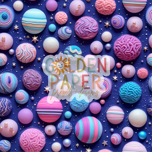 Space | 3D | Blue | Pink | Purple | Pearl | Seamless Pattern