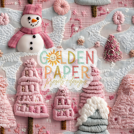 Snowman | 3D | Light Pink | Snow | Tree | White | Seamless Pattern