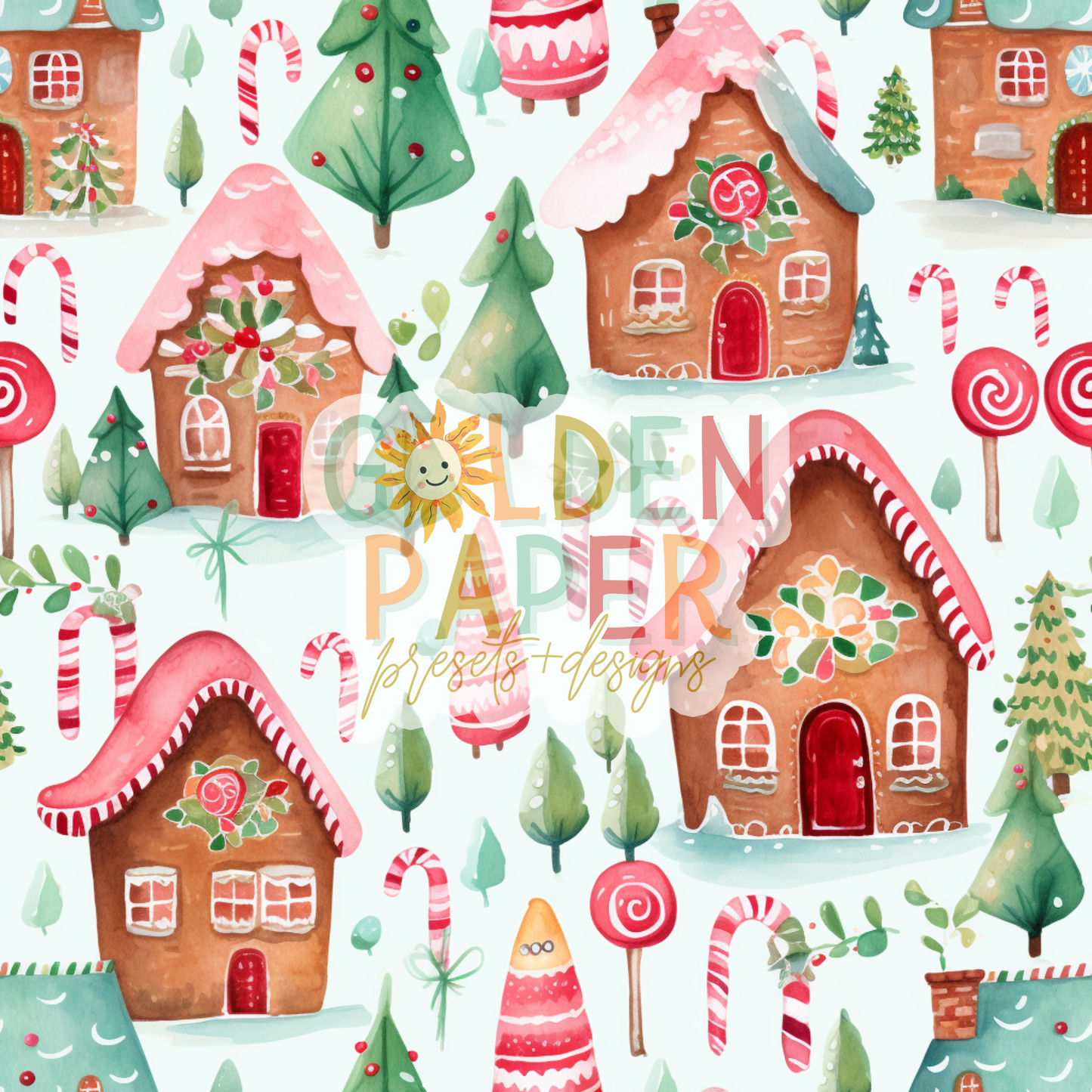 Pink | Gingerbread | Village | Candy Cane | Christmas | Seamless Pattern