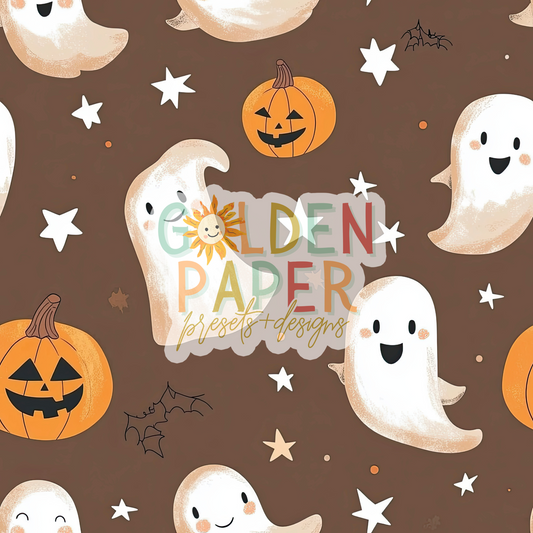 Halloween | Ghost | Pumpkin | Star | Brown | Seamless Pattern