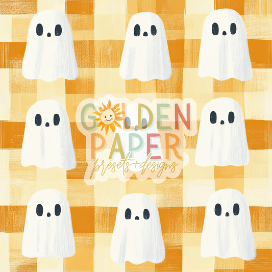 Ghost | Checkered | Yellow | Orange | White | Seamless Pattern