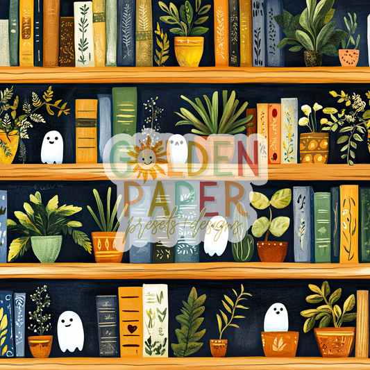 Spooky BOOkshelf | Ghost | Book | Plants |Bright |  Seamless Pattern