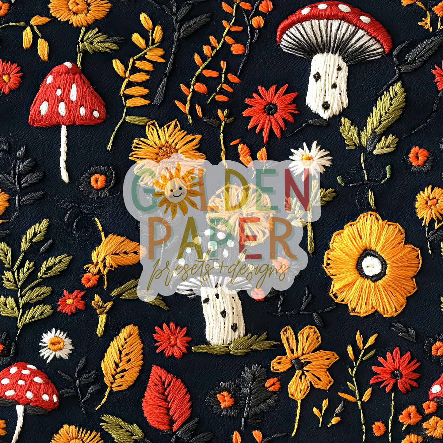 Mushroom | Mustard | Green | Orange | Black | Floral | Seamless Pattern