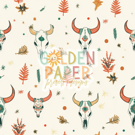 Western | Skull | Teal | Leaves | Seamless Pattern