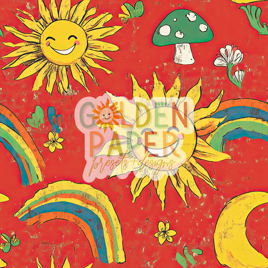 Vintage | Retro | Mushroom | Sun | Rainbow | Happy | Floral | Seamless Pattern