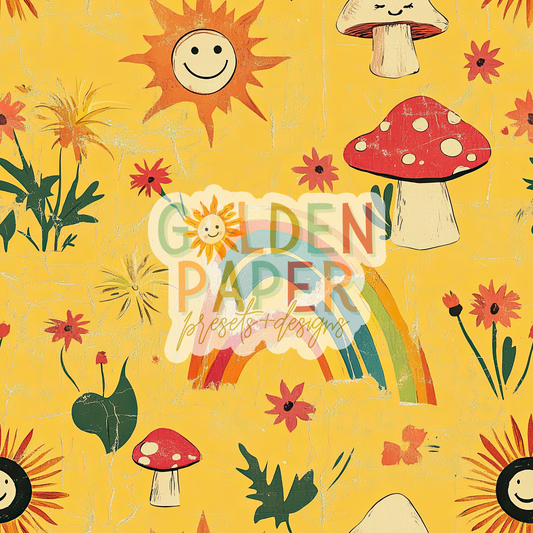 Yellow | Mustard | Flower | Sun | Mushroom | Seamless Pattern