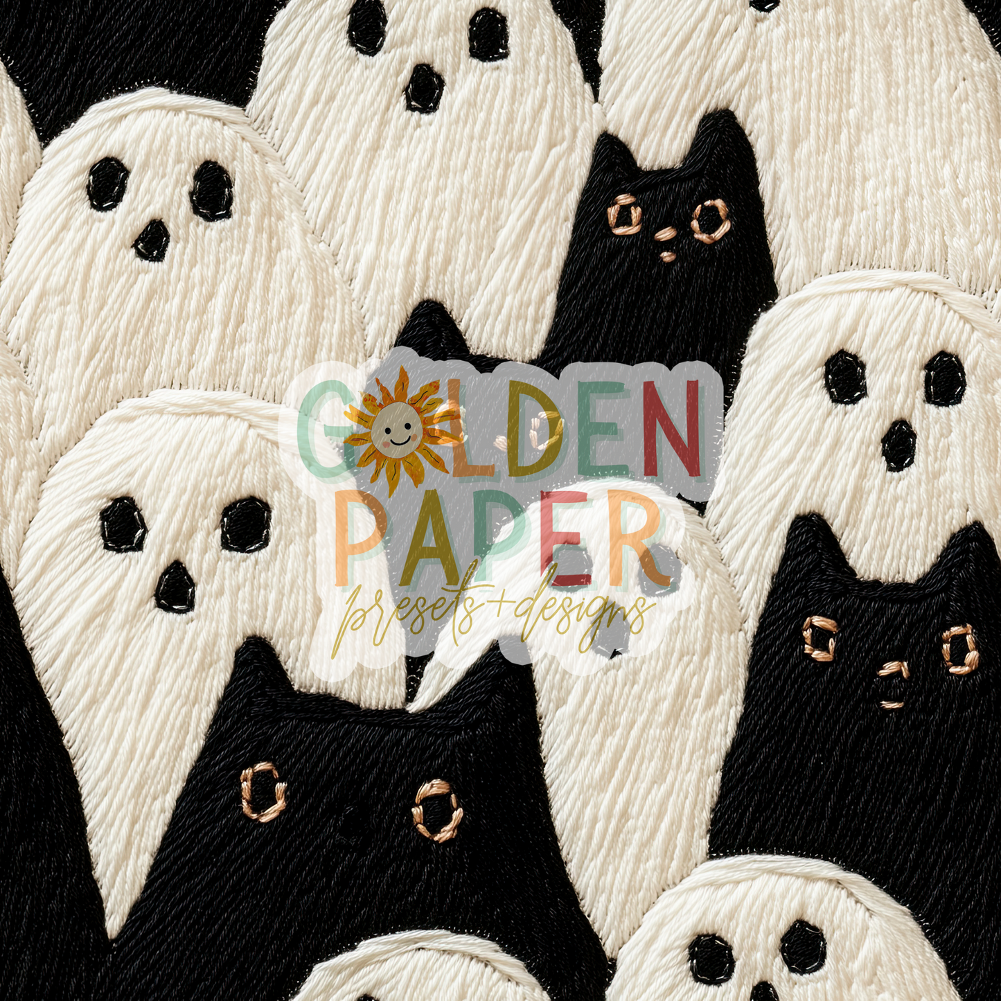 Ghost | Cat | Black | White | Embroidery | 3D | Seamless Pattern