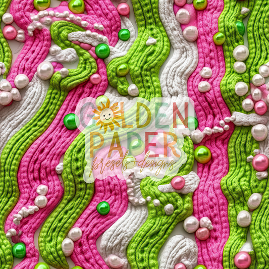 3D | Pink | Green | Pearls | Stripe| Seamless Pattern