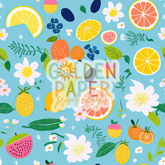 Fruit | Lemon | Orange | Blue | Florals | Seamless Pattern