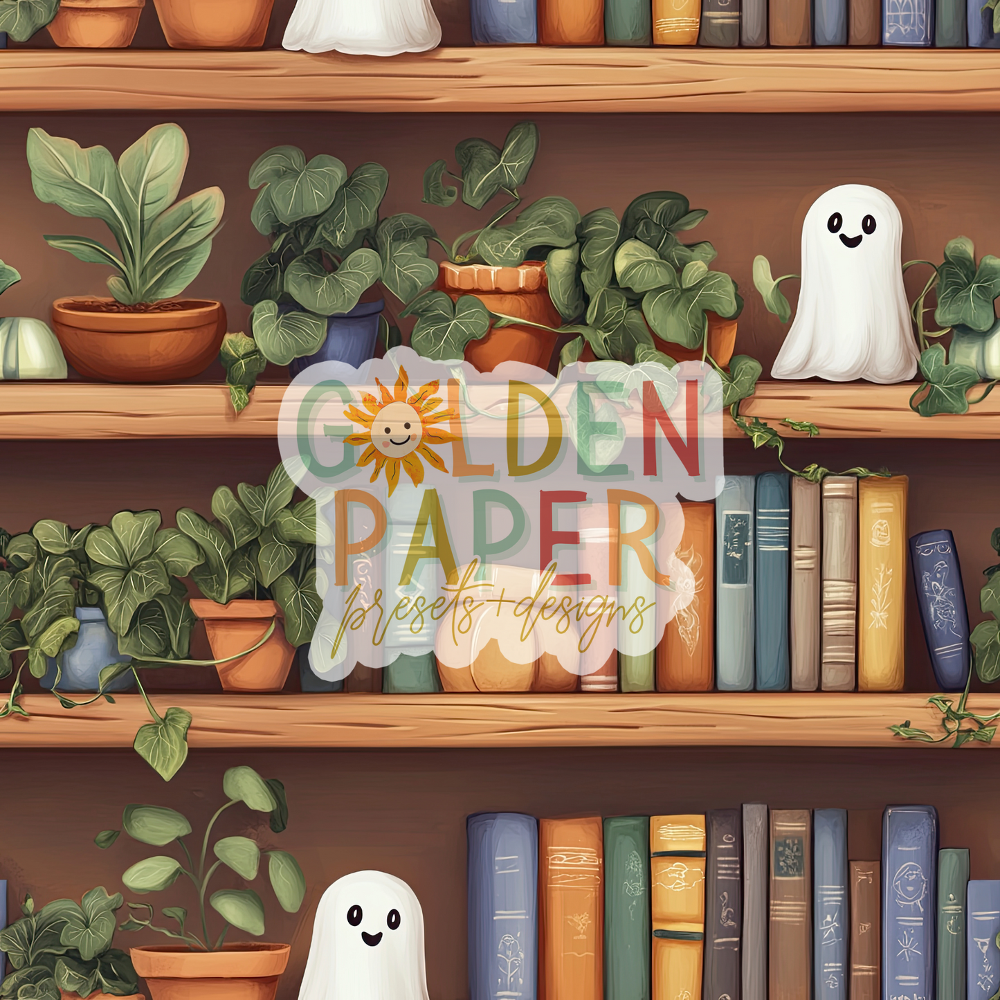 Spooky BOOkshelf | Ghost | Books | Plants | Seamless Pattern