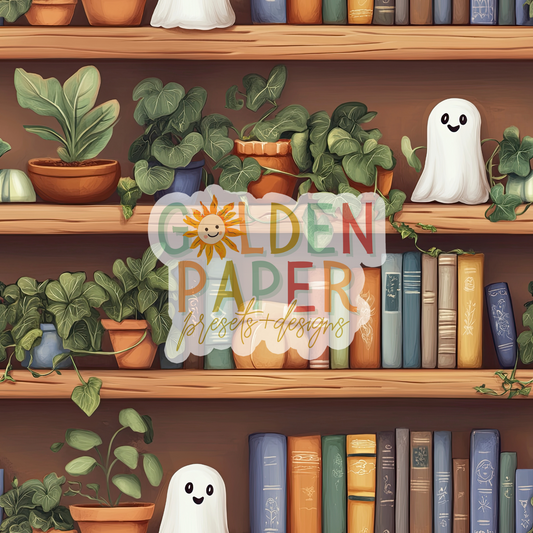 Spooky BOOkshelf | Ghost | Books | Plants | Seamless Pattern